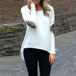 long sleeve white glitter elbow patch shirt